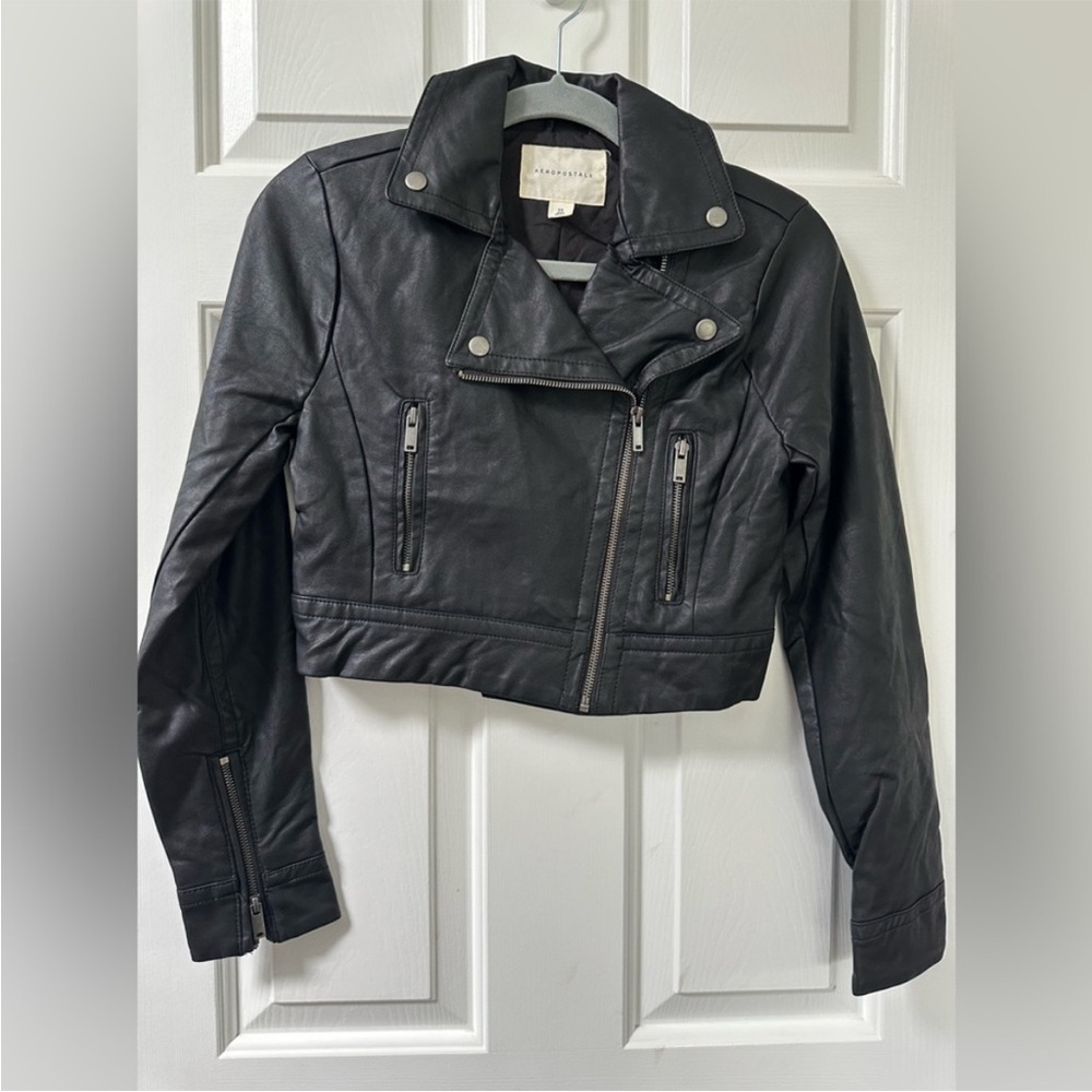 Aeropostale Cropped Black Leather Biker Jacket